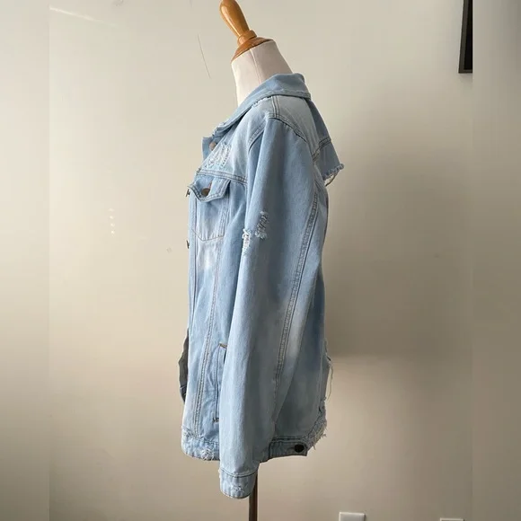 MONO B Oversized Denim Jean Jacket Distressed Cotton Women’s Size M